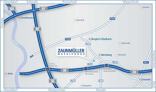 Wegskizze zur Zaunmüller Massivhaus GmbH, Kölner Straße 97, 51429 Bergisch-Gladbach