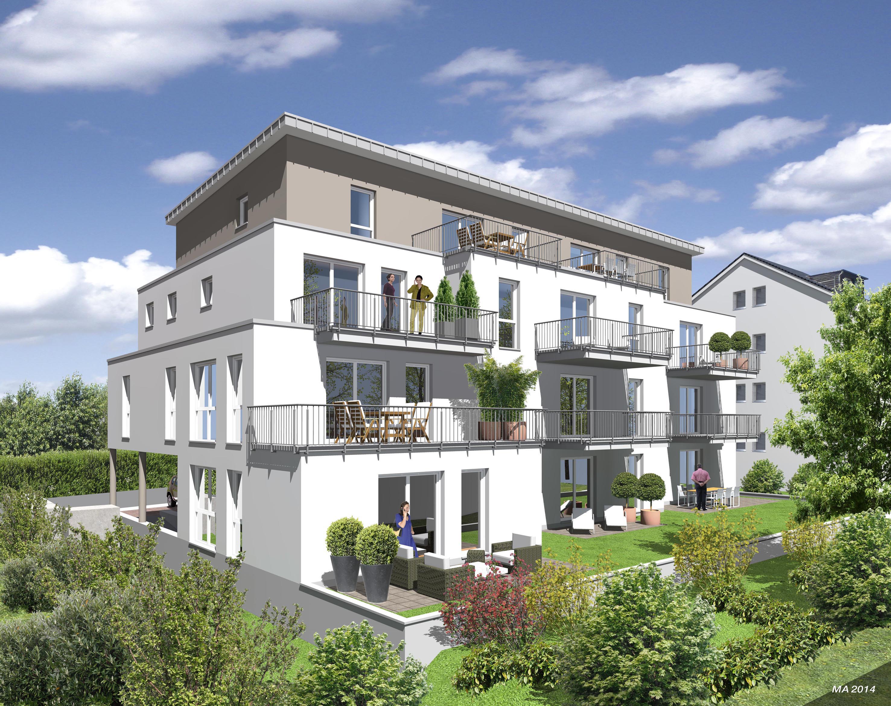 Architekturillustrationen des neuen Mehrfamilienhauses in Bensberg – Garten-Ansicht