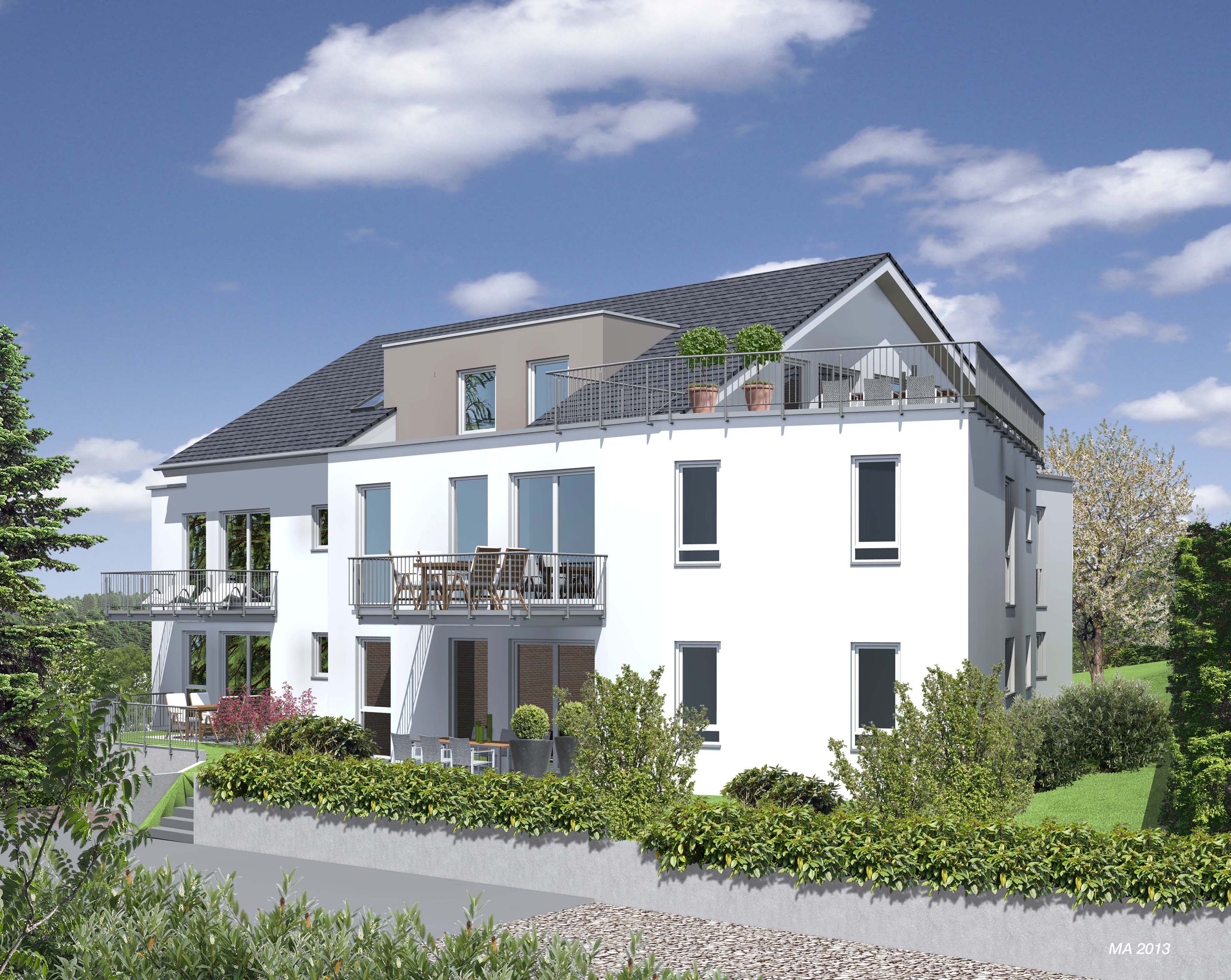 3D-Visualisierung der Frontansicht des von Zaunmüller Massivhaus geplanten Mehrfamilienhauses in Lindlar.