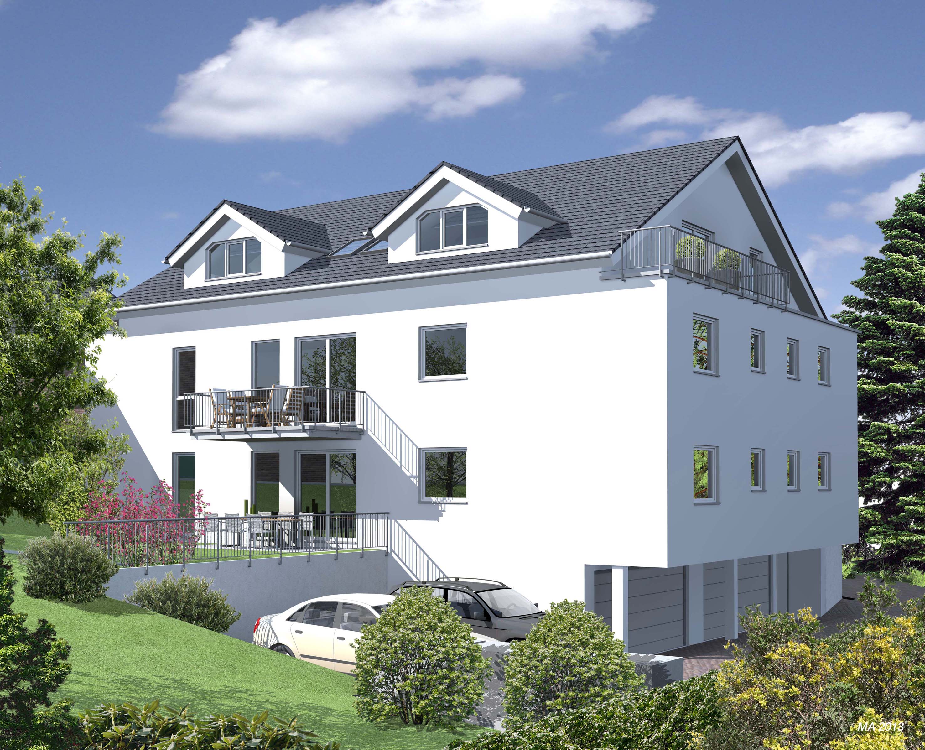 3D-Visualisierung der Rückansicht des von Zaunmüller Massivhaus geplanten Mehrfamilienhauses in Lindlar.